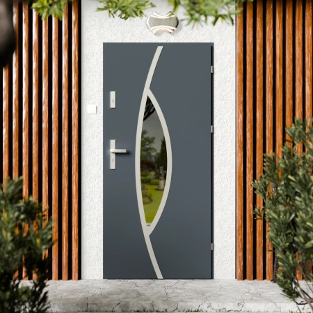 Drzwi zewnętrzne stalowe do domu Maestro Inox 72mm z klamką srebrną energooszczędne Ud=1.3 lustro weneckie szyba mleczna Program Czyste Powietrze