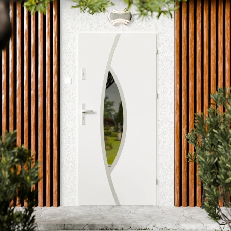 Drzwi zewnętrzne stalowe do domu Maestro Inox 72mm z klamką srebrną energooszczędne Ud=1.3 lustro weneckie szyba mleczna Program Czyste Powietrze