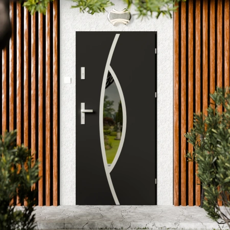 Drzwi zewnętrzne stalowe do domu Maestro Inox 72mm z klamką srebrną energooszczędne Ud=1.3 lustro weneckie szyba mleczna Program Czyste Powietrze