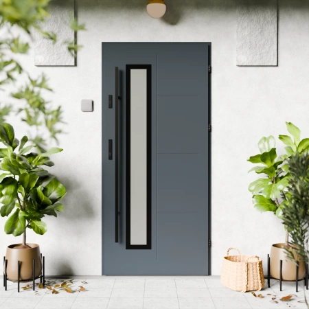 Drzwi zewnętrzne stalowe do domu Tinea Black 72mm z antabą/pochwytem energooszczędne Ud=1.3 lustro weneckie szyba mleczna Program Czyste Powietrze
