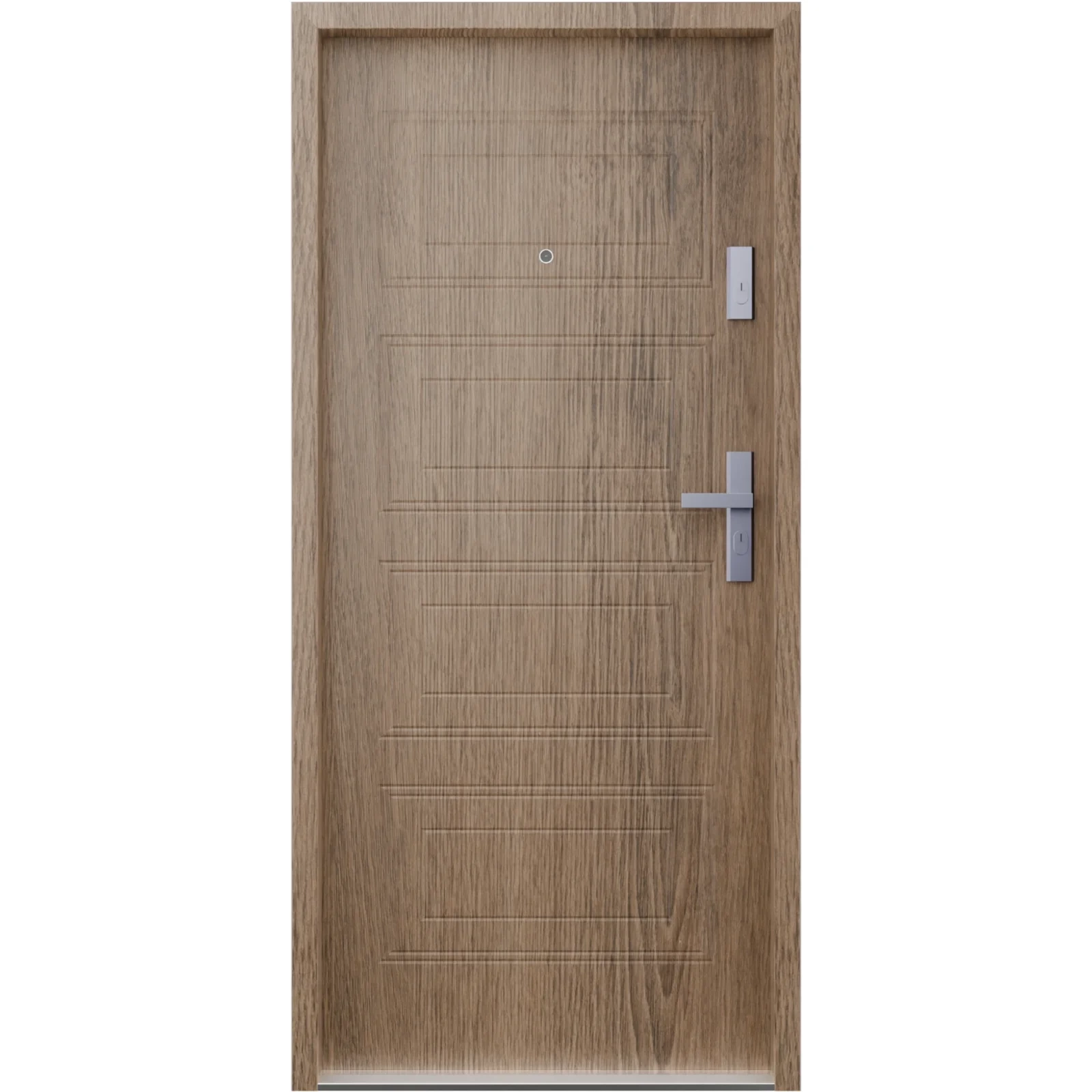 Drzwi wewnątrzklatkowe antywłamaniowe RC3 z Certyfikatem akustyczne wyciszające 47 dB 55 mm stalowe z tłoczeniami z klamką inox srebrną dąb trufla T34