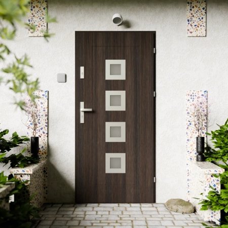 Drzwi zewnętrzne stalowe do domu Quarto Inox 72mm z klamką energooszczędne Ud=1.3 reflex brązowy i szary szyba mleczna Program Czyste Powietrze