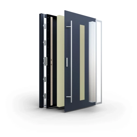 Drzwi zewnętrzne wejściowe 82 mm stalowe z czarną ramą aluminiową DS82 przeszklone z czarnymi okuciami antracyt db703 Program Czyste Powietrze M24