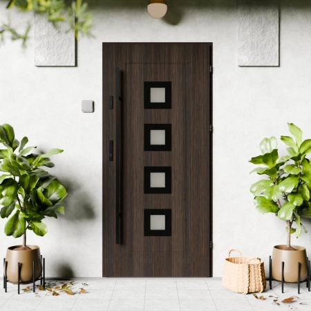 Drzwi zewnętrzne stalowe do domu Quarto Black 72mm z antabą/pochwytem energooszczędne Ud=1.3 reflex brązowy szyba mleczna Program Czyste Powietrze