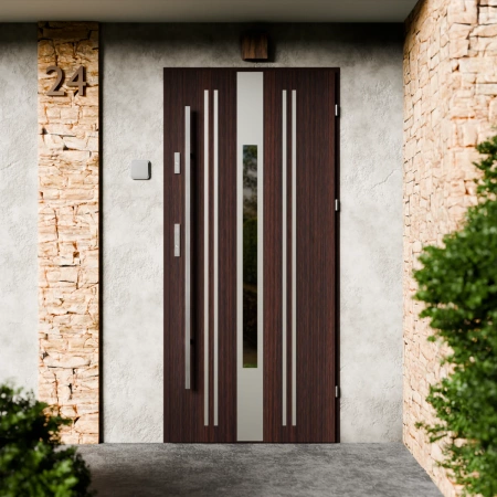 Drzwi zewnętrzne stalowe do domu Elegant Inox 72mm z antabą/pochwytem energooszczędne Ud=1.3 lustro weneckie szyba mleczna Program Czyste Powietrze