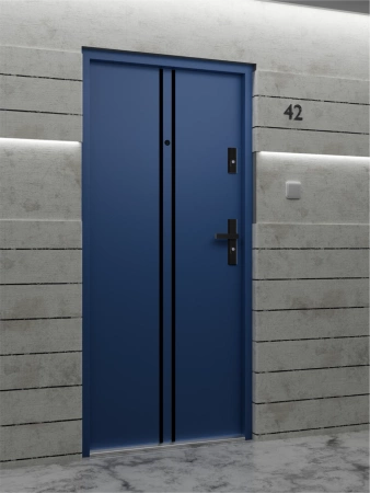 Drzwi wewnątrzklatkowe antywłamaniowe RC3 z Certyfikatem akustyczne wyciszające 47 dB 55 mm stalowe z klamką czarną i aplikacjami niebieskie A7