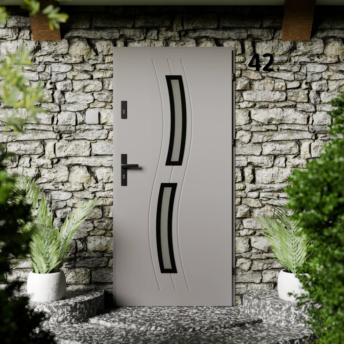 Drzwi zewnętrzne stalowe do domu Twista Black 72mm z klamką czarną energooszczędne Ud=1.3 lustro weneckie szyba mleczna Program Czyste Powietrze