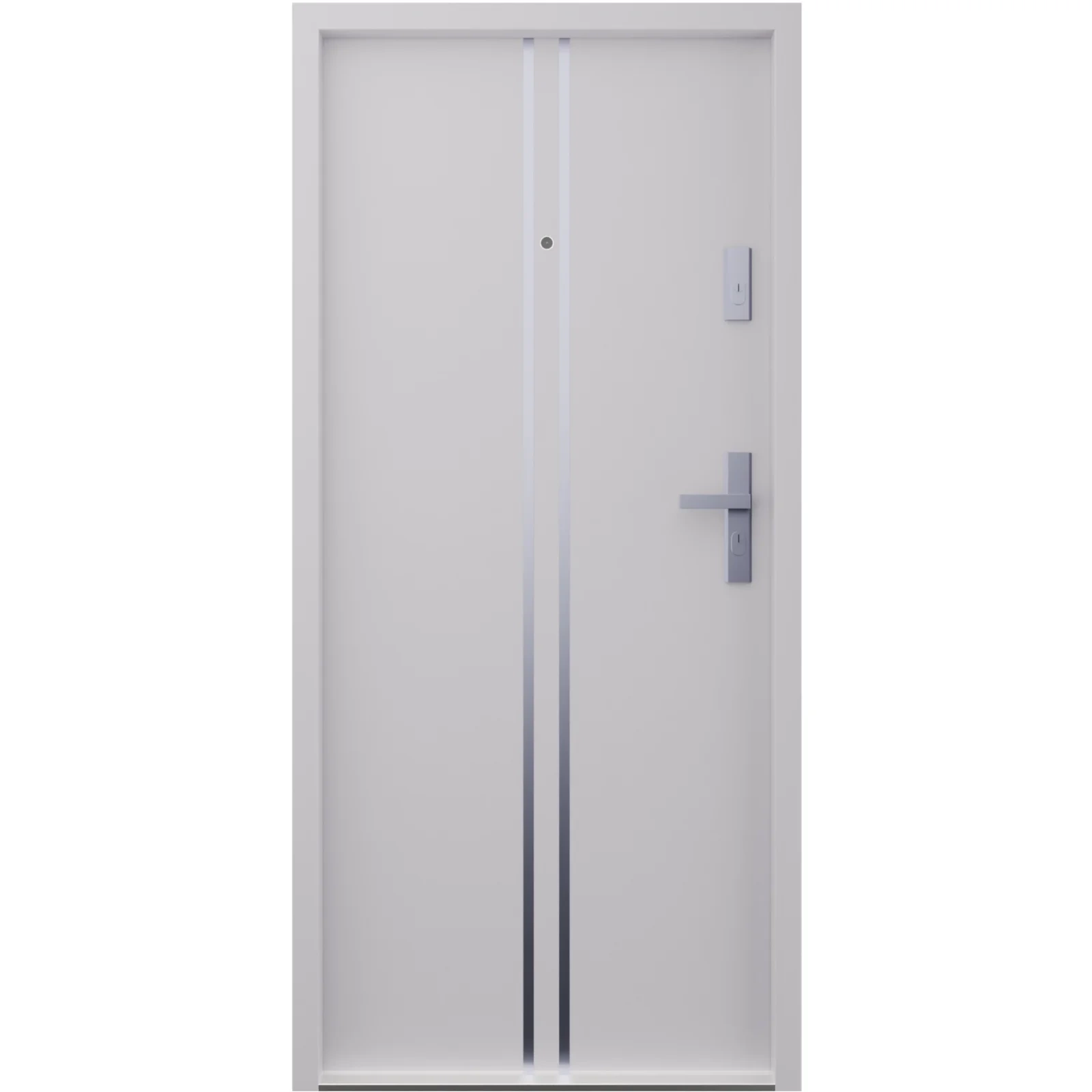 Drzwi wewnątrzklatkowe antywłamaniowe RC3 z Certyfikatem akustyczne wyciszające 47 dB 55 mm stalowe z klamką inox srebrną i aplikacjami szare A7