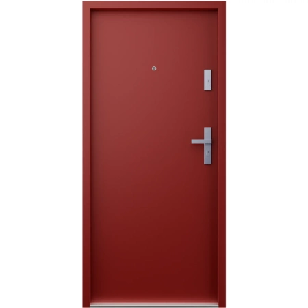 Drzwi wewnątrzklatkowe antywłamaniowe w klasie RC4 55 mm stalowe z klamką i zawiasami srebrnymi inox czerwone G00