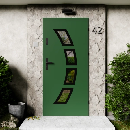 Drzwi zewnętrzne stalowe do domu Cinea Black 72mm z klamką czarną energooszczędne Ud=1.3 lustro weneckie szyba mleczna Program Czyste Powietrze