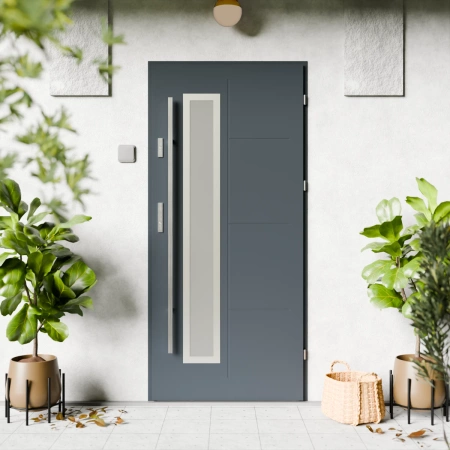 Drzwi zewnętrzne stalowe do domu Tinea Inox 72mm z antabą/pochwytem energooszczędne Ud=1.3 lustro weneckie szyba mleczna Program Czyste Powietrze