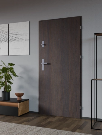 Drzwi wewnątrzklatkowe antywłamaniowe RC3 z Certyfikatem akustyczne wyciszające 47 dB 55 mm stalowe gładkie z klamką inox srebrną dąb bagienny G00