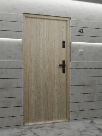 Drzwi wewnątrzklatkowe antywłamaniowe RC3 z Certyfikatem akustyczne wyciszające 47 dB 55 mm stalowe gładkie z klamką czarną dąb sonoma G00