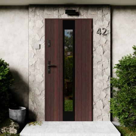 Drzwi zewnętrzne stalowe do domu Modern Black 72mm z klamką czarną energooszczędne Ud=1.3 lustro weneckie szyba mleczna Program Czyste Powietrze