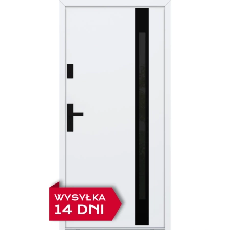 Drzwi zewnętrzne do domu stalowo aluminiowe 68 mm z szybą i czarnymi okuciami ATU68 białe Program Czyste Powietrze M524