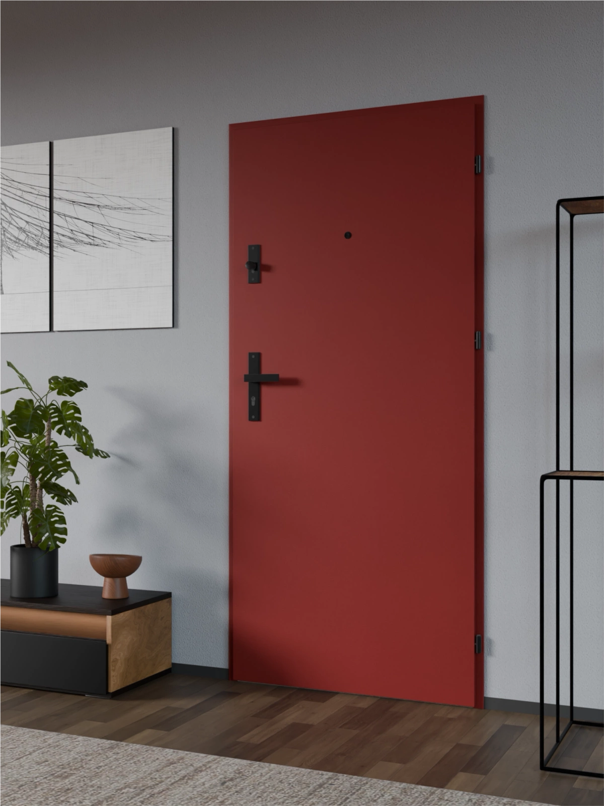 Ekonomiczne drzwi wewnątrzklatkowe wejściowe do mieszkania z klatki schodowej 55 mm stalowe czerwone A7
