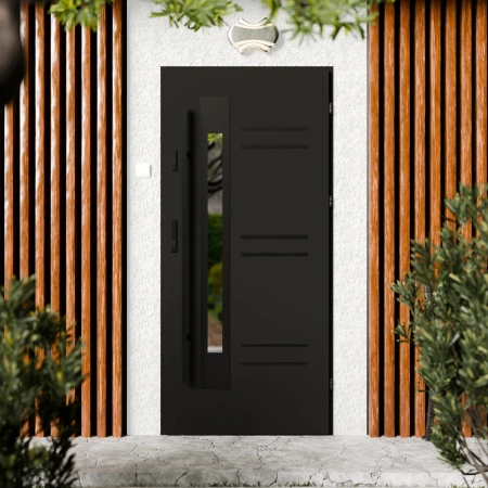 Drzwi zewnętrzne stalowe do domu Pina Black 72mm z antabą/pochwytem energooszczędne Ud=1.3 lustro weneckie szyba mleczna Program Czyste Powietrze