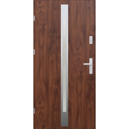 Drzwi zewnętrzne do domu stalowo aluminiowe 68 mm z szybą i klamką inox ATU68 orzech Program Czyste Powietrze M505