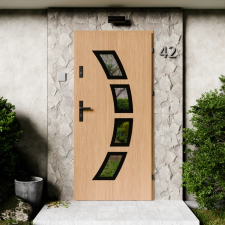 Drzwi zewnętrzne stalowe do domu Cinea Black 72mm z klamką czarną energooszczędne Ud=1.3 lustro weneckie szyba mleczna Program Czyste Powietrze