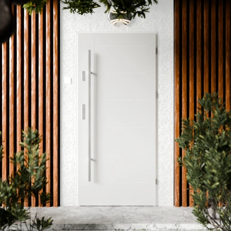 Drzwi zewnętrzne stalowe do domu Basic Inox 72mm z antabą/pochwytem energooszczędne Ud=1.3 bez szyby pełne Program Czyste Powietrze