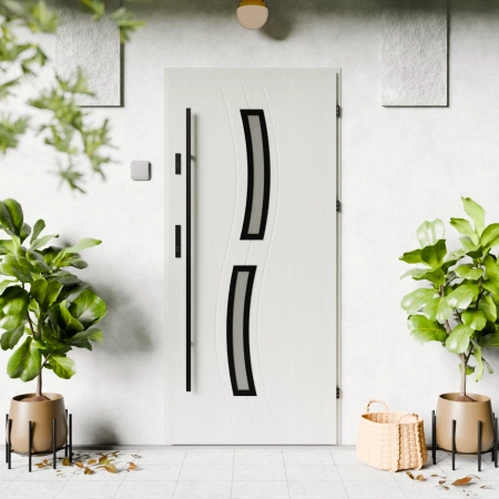 Drzwi zewnętrzne stalowe do domu Twista Black 72mm z antabą/pochwytem energooszczędne Ud=1.3 lustro weneckie szyba mleczna Program Czyste Powietrze