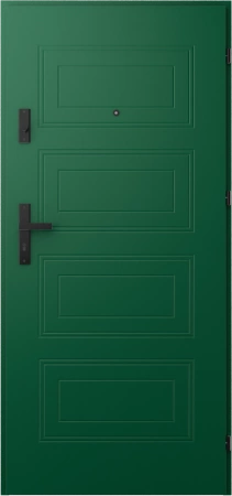 Drzwi wewnątrzklatkowe antywłamaniowe RC3 z Certyfikatem akustyczne wyciszające 47 dB 55 mm stalowe z tłoczeniami z klamką czarną zielone T34