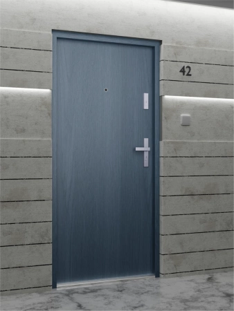 Drzwi wewnątrzklatkowe akustyczne wyciszające 47 dB antywłamaniowe RC3 55 mm stalowe gładkie z klamką inox srebrną antracyt drewnopodobny G00