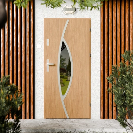 Drzwi zewnętrzne stalowe do domu Maestro Inox 72mm z klamką srebrną energooszczędne Ud=1.3 lustro weneckie szyba mleczna Program Czyste Powietrze