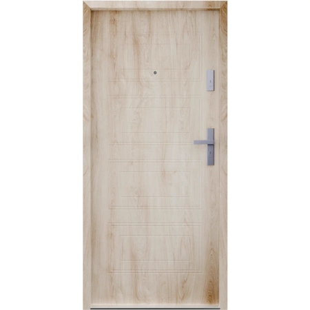 Drzwi wewnątrzklatkowe antywłamaniowe RC3 z Certyfikatem akustyczne wyciszające 47 dB 55 mm stalowe z tłoczeniami z klamką inox srebrną dąb turner T34