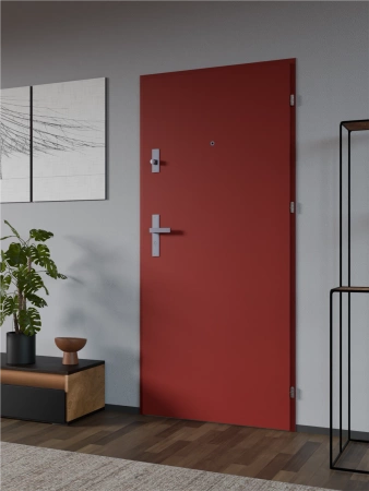 Drzwi wewnątrzklatkowe antywłamaniowe RC3 z Certyfikatem akustyczne wyciszające 47 dB 55 mm stalowe gładkie z klamką inox srebrną czerwone G00