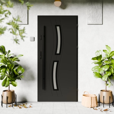 Drzwi zewnętrzne stalowe do domu Twista Black 72mm z antabą/pochwytem energooszczędne Ud=1.3 lustro weneckie szyba mleczna Program Czyste Powietrze