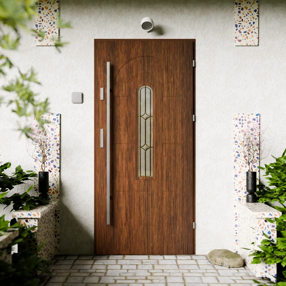 Drzwi zewnętrzne stalowe do domu Retro Inox 72mm z antabą/pochwytem energooszczędne Ud=1.3 przeszklone Program Czyste Powietrze