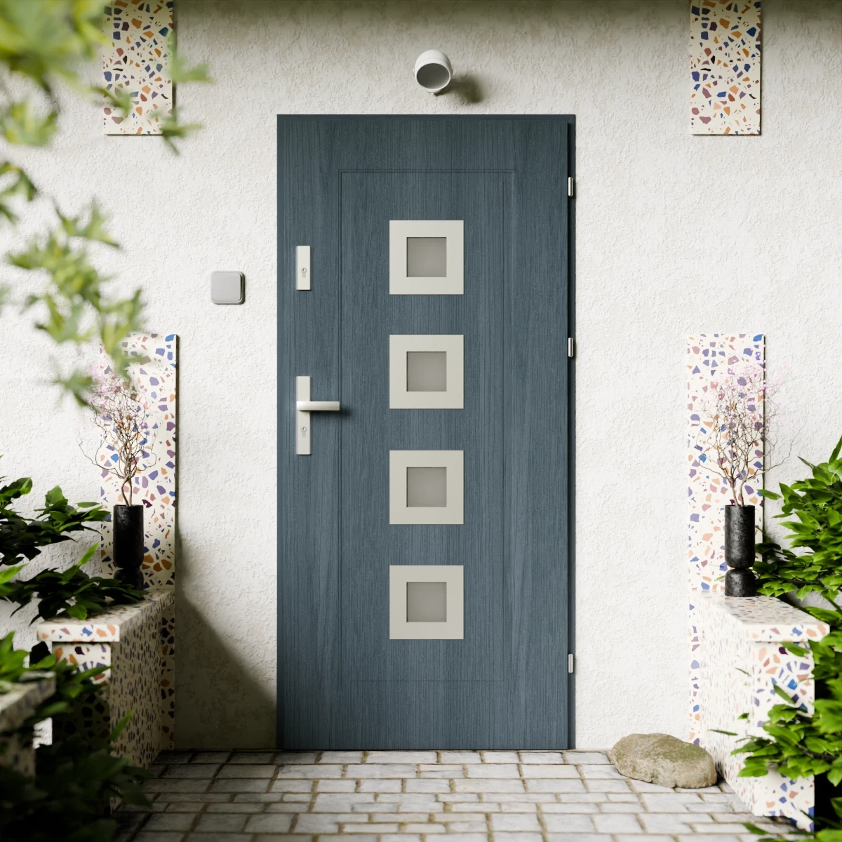 Drzwi zewnętrzne stalowe do domu Quarto Inox 72mm z klamką energooszczędne Ud=1.3 reflex brązowy i szary szyba mleczna Program Czyste Powietrze