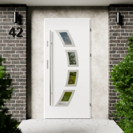 Drzwi zewnętrzne stalowe do domu Cinea Inox 72mm z antabą/pochwytem energooszczędne Ud=1.3 lustro weneckie szyba mleczna Program Czyste Powietrze