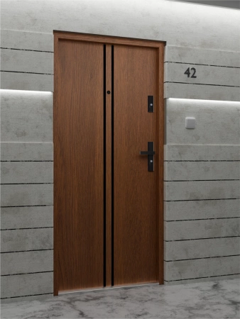 Drzwi wewnątrzklatkowe antywłamaniowe RC3 z Certyfikatem akustyczne wyciszające 47 dB 55 mm stalowe z klamką czarną i aplikacjami złoty dąb A7