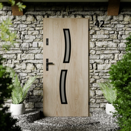 Drzwi zewnętrzne stalowe do domu Twista Black 72mm z klamką czarną energooszczędne Ud=1.3 lustro weneckie szyba mleczna Program Czyste Powietrze