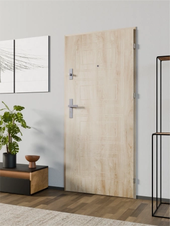 Drzwi wewnątrzklatkowe antywłamaniowe RC3 z Certyfikatem akustyczne wyciszające 47 dB 55 mm stalowe z tłoczeniami z klamką inox srebrną dąb turner T34