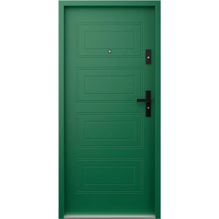 Drzwi wewnątrzklatkowe antywłamaniowe RC3 z Certyfikatem akustyczne wyciszające 47 dB 55 mm stalowe z tłoczeniami z klamką czarną zielone T34