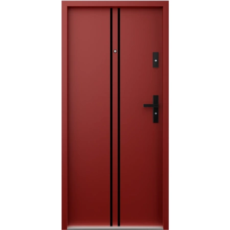 Drzwi wewnątrzklatkowe antywłamaniowe RC3 z Certyfikatem akustyczne wyciszające 47 dB 55 mm stalowe z klamką czarną i aplikacjami czerwone A7