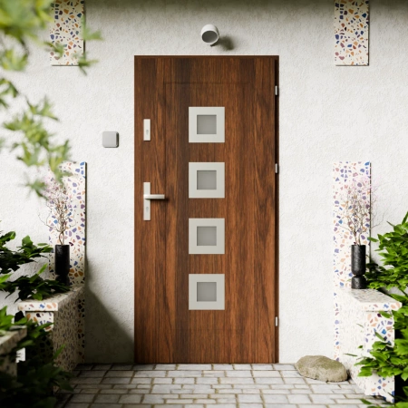 Quarto Inox CK drzwi zewnętrzne 72 mm z klamką energooszczędne Ud-1.3 przeszklone reflex brązowy i szary szyba mleczna Program Czyste Powietrze