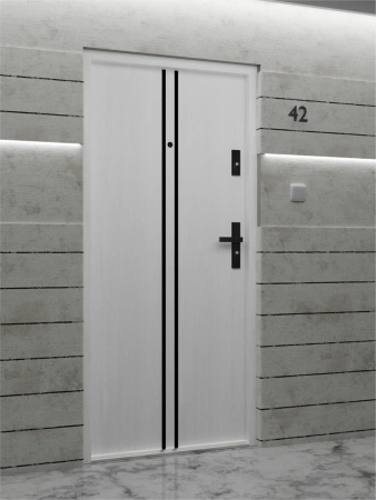 Drzwi wewnątrzklatkowe antywłamaniowe RC3 z Certyfikatem akustyczne wyciszające 47 dB 55 mm stalowe z klamką czarną i aplikacjami biały drewnopodobny A7