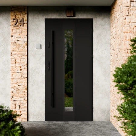 Drzwi zewnętrzne stalowe do domu Modern Black 72mm z antabą/pochwytem energooszczędne Ud=1.3 lustro weneckie szyba mleczna Program Czyste Powietrze