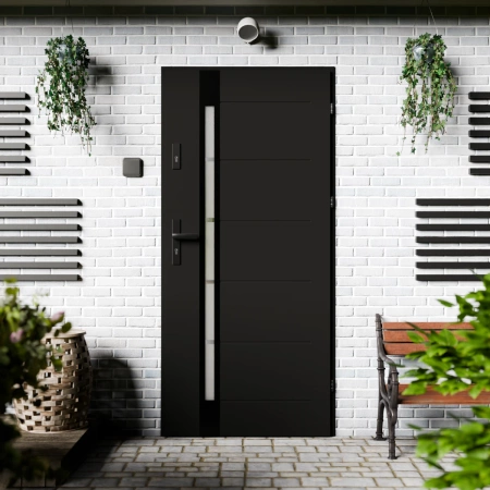 Drzwi zewnętrzne stalowe do domu Toreno Black 72mm z klamką czarną energooszczędne Ud=1.3 lustro weneckie szyba mleczna Program Czyste Powietrze