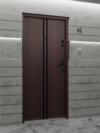 Drzwi wewnątrzklatkowe antywłamaniowe RC3 z Certyfikatem akustyczne wyciszające 47 dB 55 mm stalowe z klamką czarną i aplikacjami mahoń A7