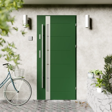 Drzwi zewnętrzne stalowe do domu Toreno Inox 72mm z antabą/pochwytem energooszczędne Ud=1.3 lustro weneckie szyba mleczna Program Czyste Powietrze