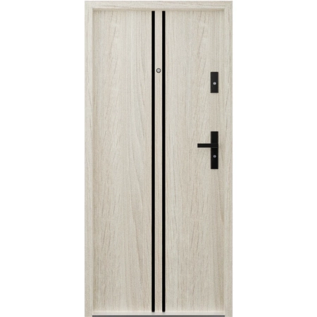 Drzwi wewnątrzklatkowe antywłamaniowe RC3 z Certyfikatem akustyczne wyciszające 47 dB 55 mm stalowe z klamką czarną i aplikacjami dąb sonoma A7