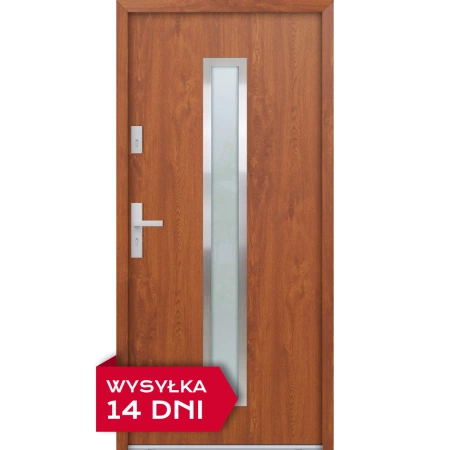Drzwi zewnętrzne do domu stalowo aluminiowe 68 mm z szybą i okuciami inox ATU68 złoty dąb Program Czyste Powietrze M600
