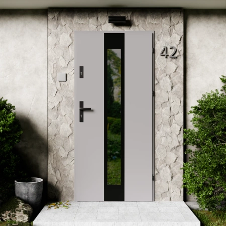 Drzwi zewnętrzne stalowe do domu Modern Black 72mm z klamką czarną energooszczędne Ud=1.3 lustro weneckie szyba mleczna Program Czyste Powietrze