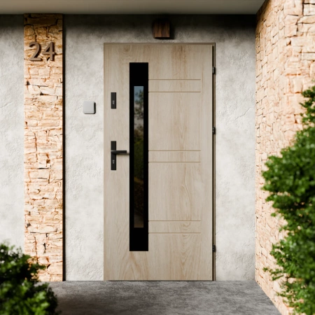 Drzwi zewnętrzne stalowe do domu Weno Black 72mm z klamką czarną energooszczędne Ud=1.3 lustro weneckie szyba mleczna Program Czyste Powietrze