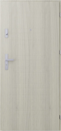 Drzwi wewnątrzklatkowe akustyczne wyciszające 47 dB antywłamaniowe RC3 55 mm stalowe z tłoczeniami z klamką inox srebrną dąb sheffield T34